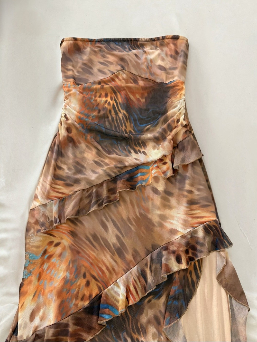 Strapless Brown Animal-Print Maxi Dress with Ruffle Layers